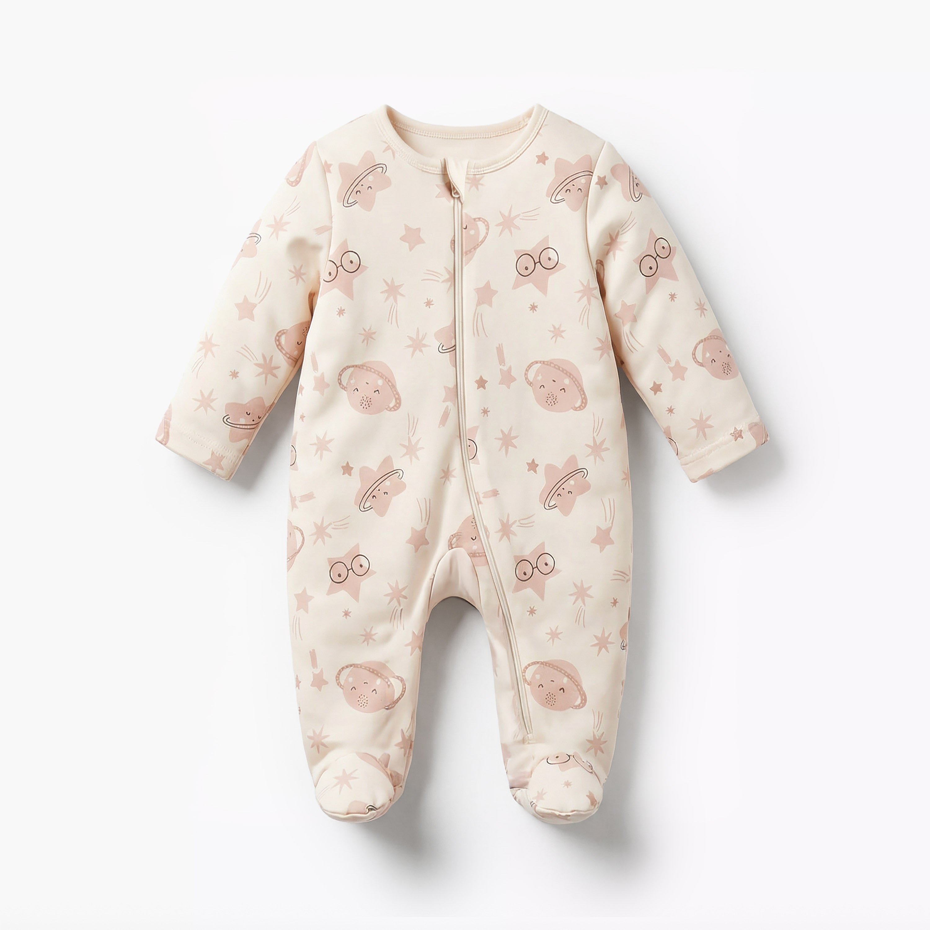 Juniors Cotton Round Neck Long Sleeves Sleepsuit with Space Print - Cream / 9-12 mths