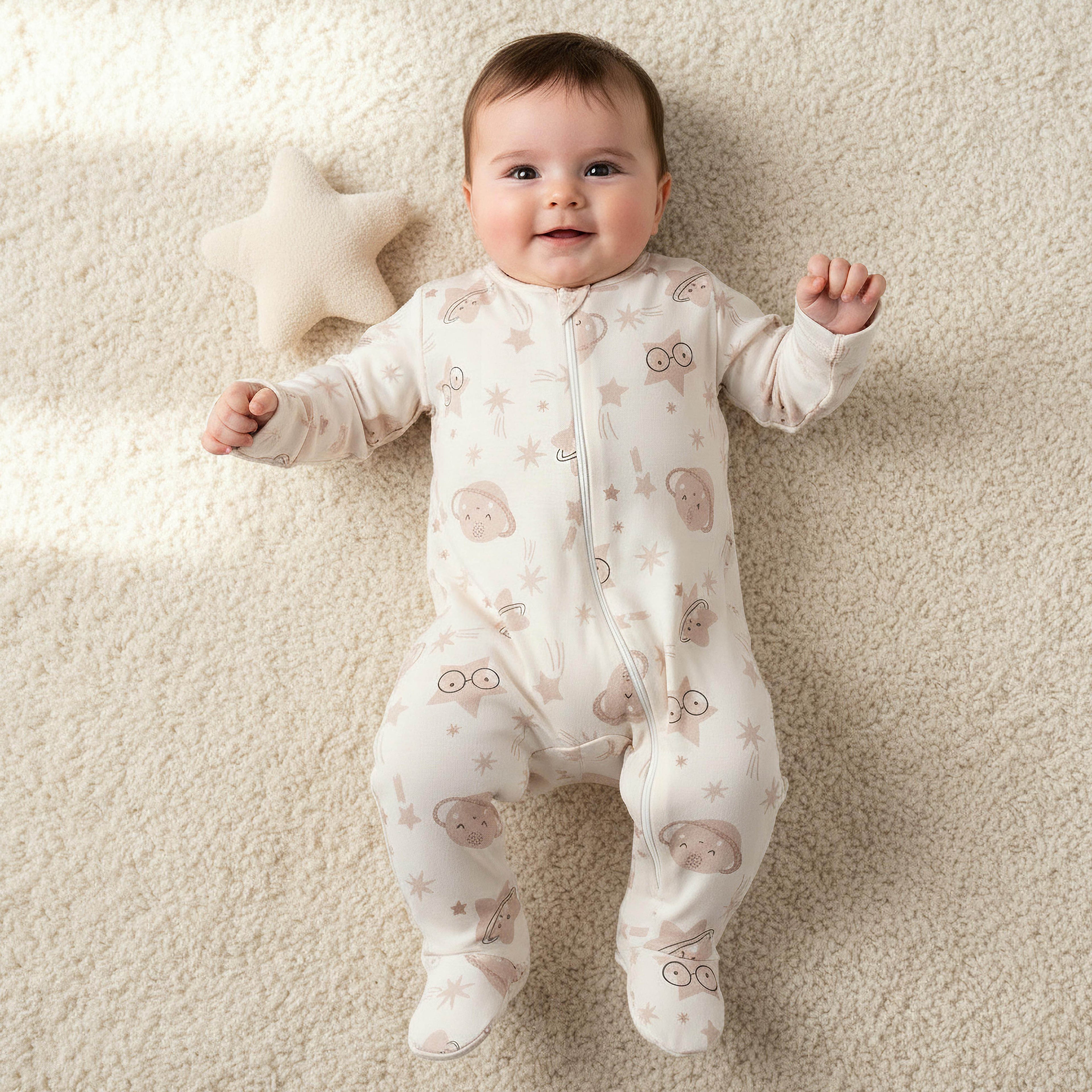 Juniors Cotton Round Neck Long Sleeves Sleepsuit with Space Print - Cream / 9-12 mths
