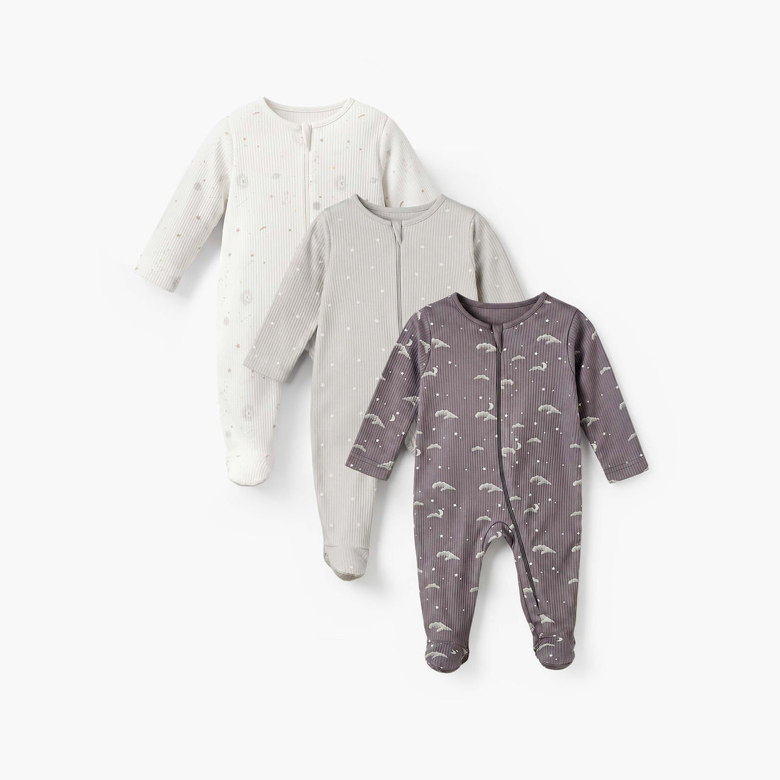 Pack of 3 Juniors Cotton Round Neck Long Sleeves Sleepsuit with Zip Closure - Multicolour / 12-18 mths