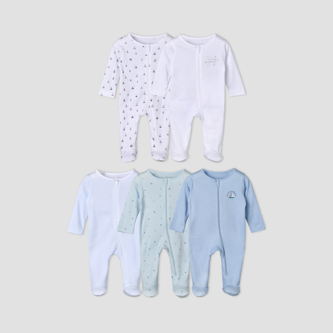 Pack of 5 Juniors Cotton Round Neck Long Sleeves Sleepsuit with Zip Closure