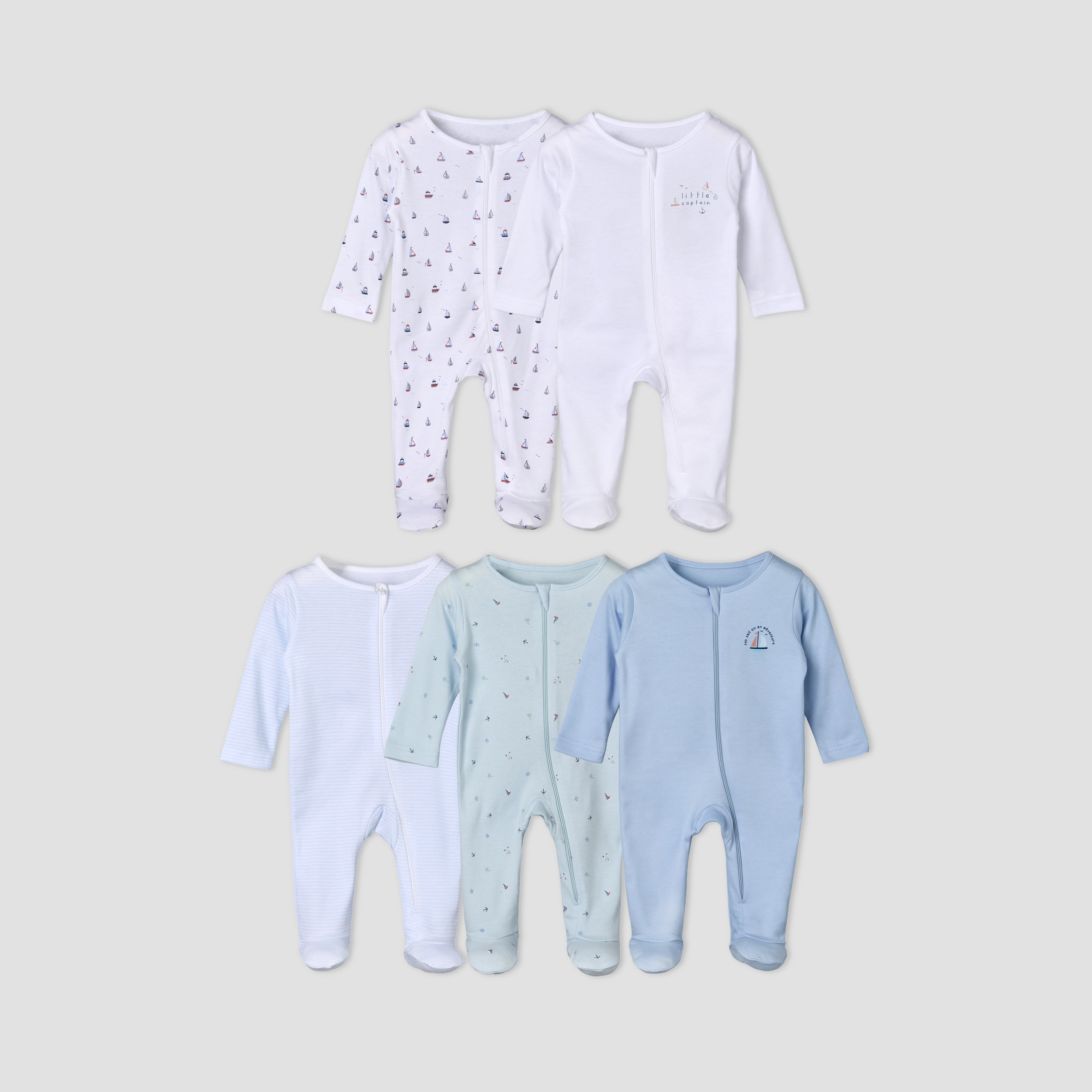 Pack of 5 Juniors Cotton Round Neck Long Sleeves Sleepsuit with Zip Closure