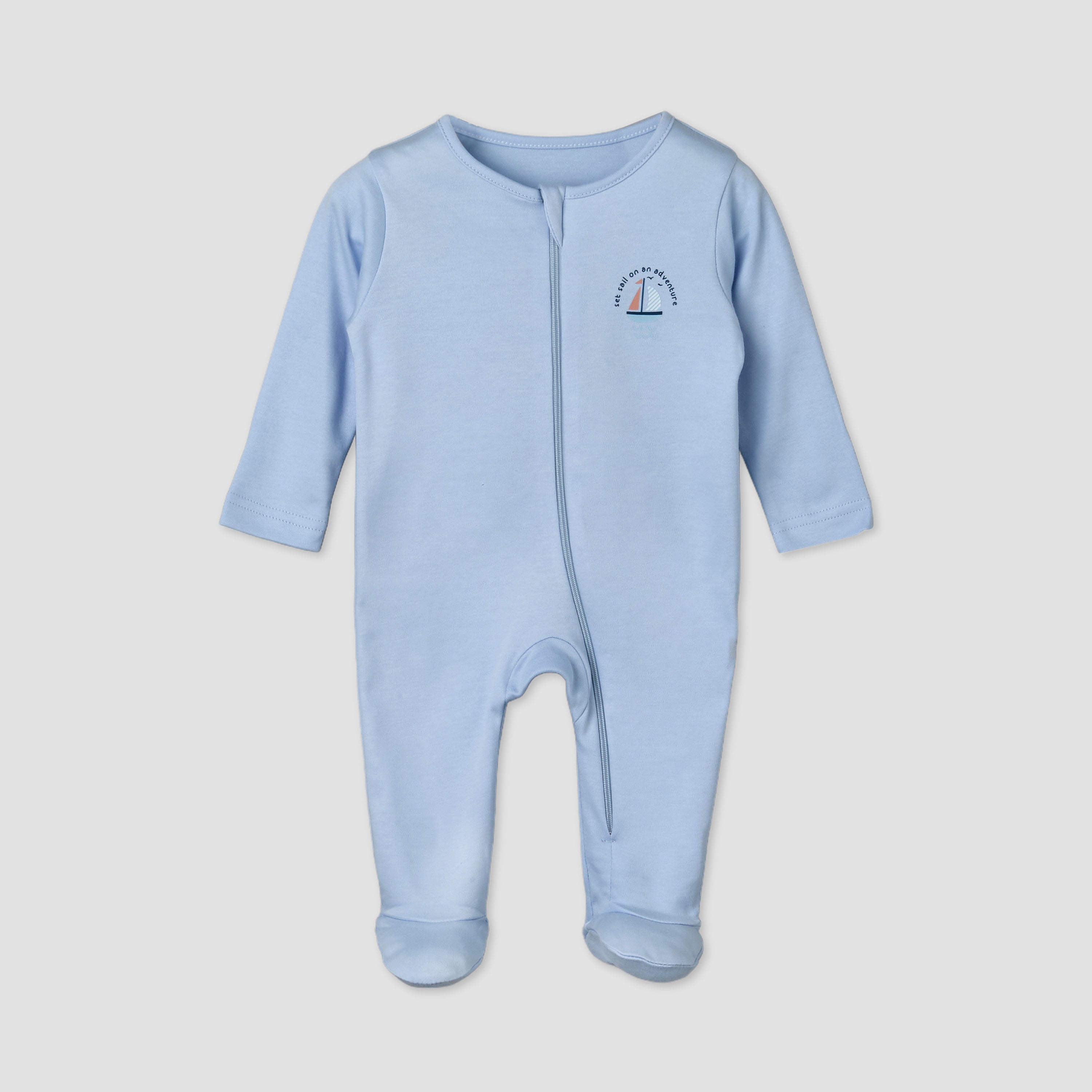 Pack of 5 Juniors Cotton Round Neck Long Sleeves Sleepsuit with Zip Closure