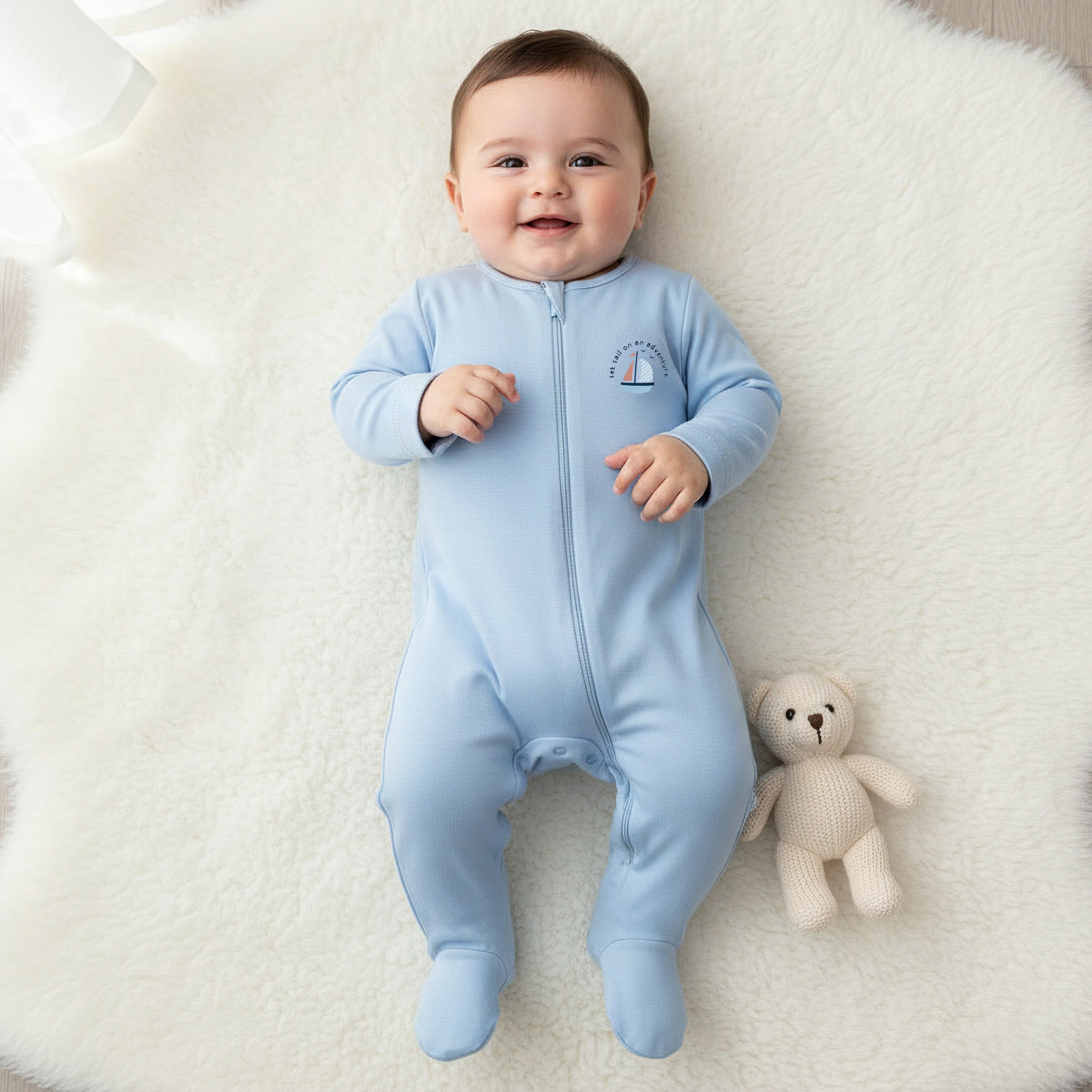 Pack of 5 Juniors Cotton Round Neck Long Sleeves Sleepsuit with Zip Closure
