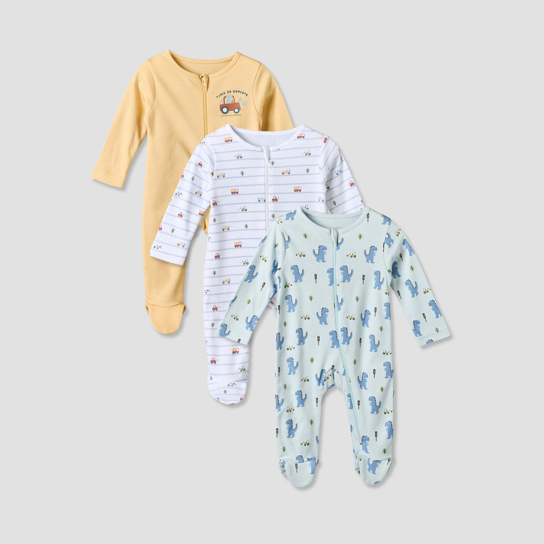 Pack of 3 Juniors Cotton Crew Neck Long Sleeves Sleepsuit with Zip Closure - Multicolour / 12-18 mths