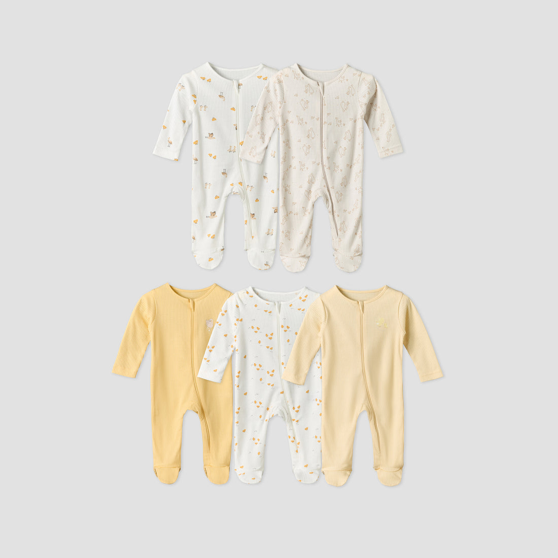 Pack of 5 Juniors Cotton Round Neck Long Sleeves Sleepsuit with Zip Closure - Yellow / 12-18 mths