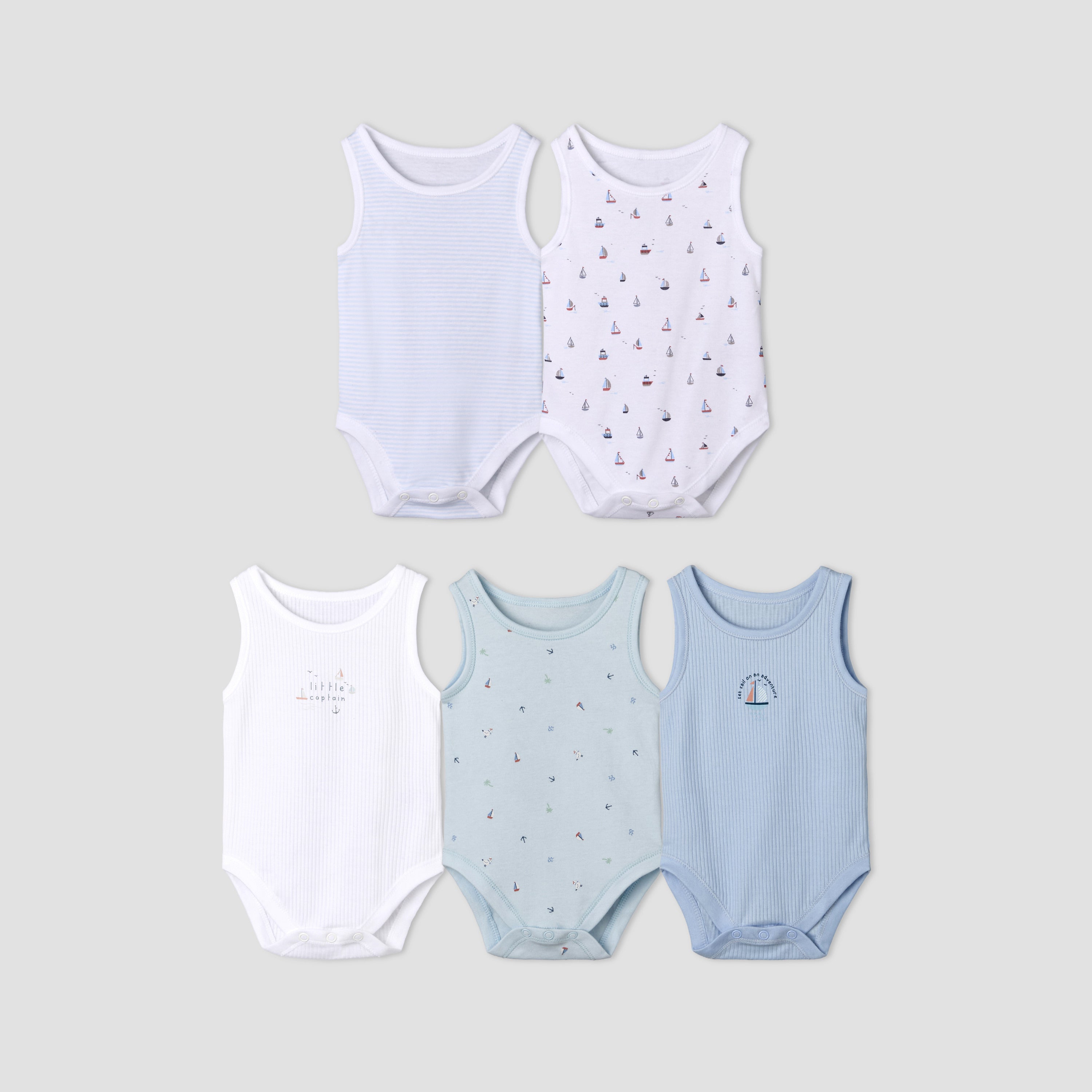 Pack of 5 Juniors Cotton Sleeveless Bodysuit with Sailboat Print - Blue / 18-24 mths