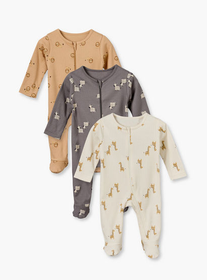 Pack of 3 Juniors Cotton Crew Neck Long Sleeves Sleepsuit with Zip Closure-baby-boys-clothing-nightwear-sleepsuits-image-1
