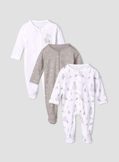 Pack of 3 Juniors Cotton Round Neck Long Sleeves Sleepsuit with Zip Closure-baby-girls-clothing-nightwear-sleepsuits-image-1