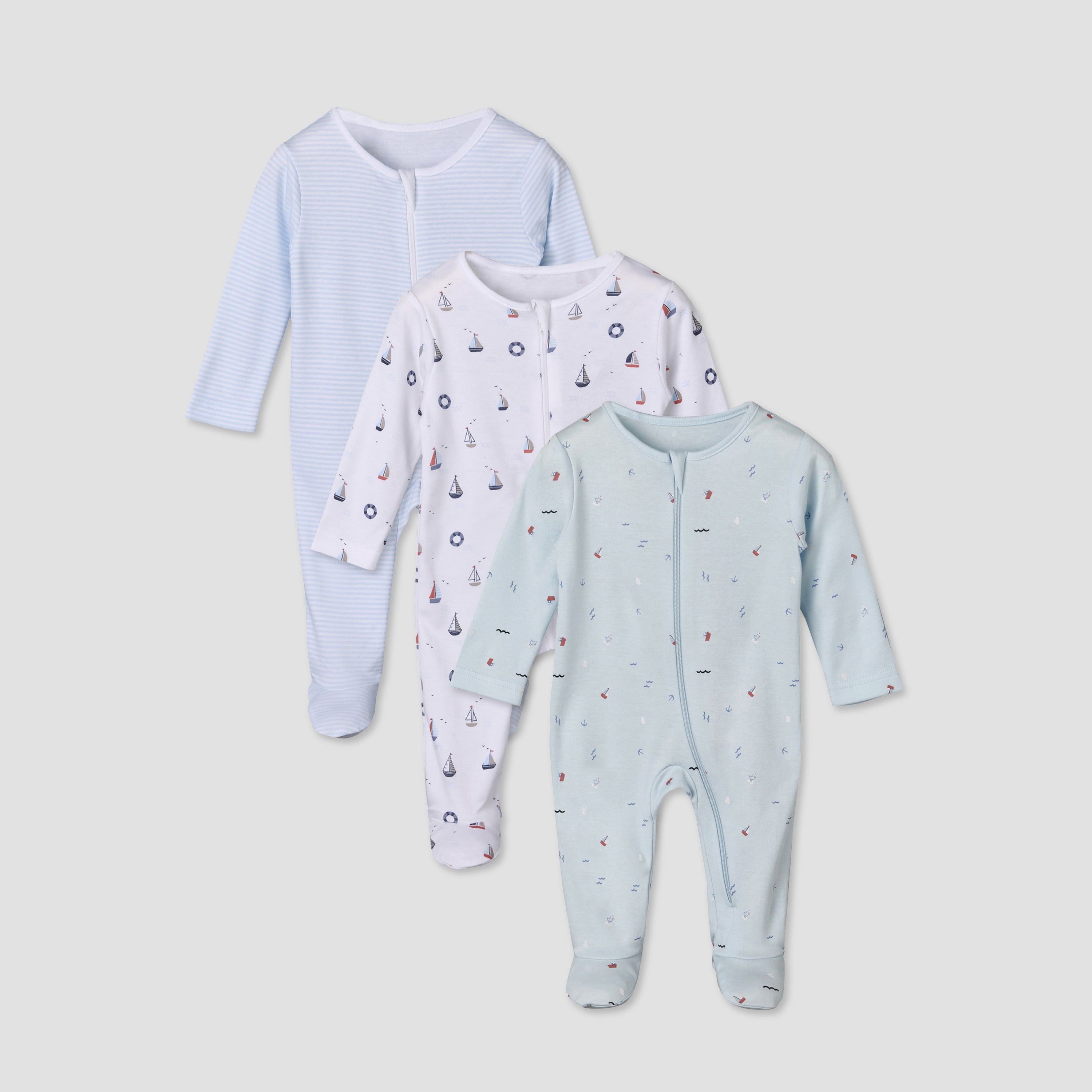 Pack of 3 Juniors Cotton Round Neck Long Sleeves Sleepsuit with Sailboat Print - Multicolour / 12-18 mths