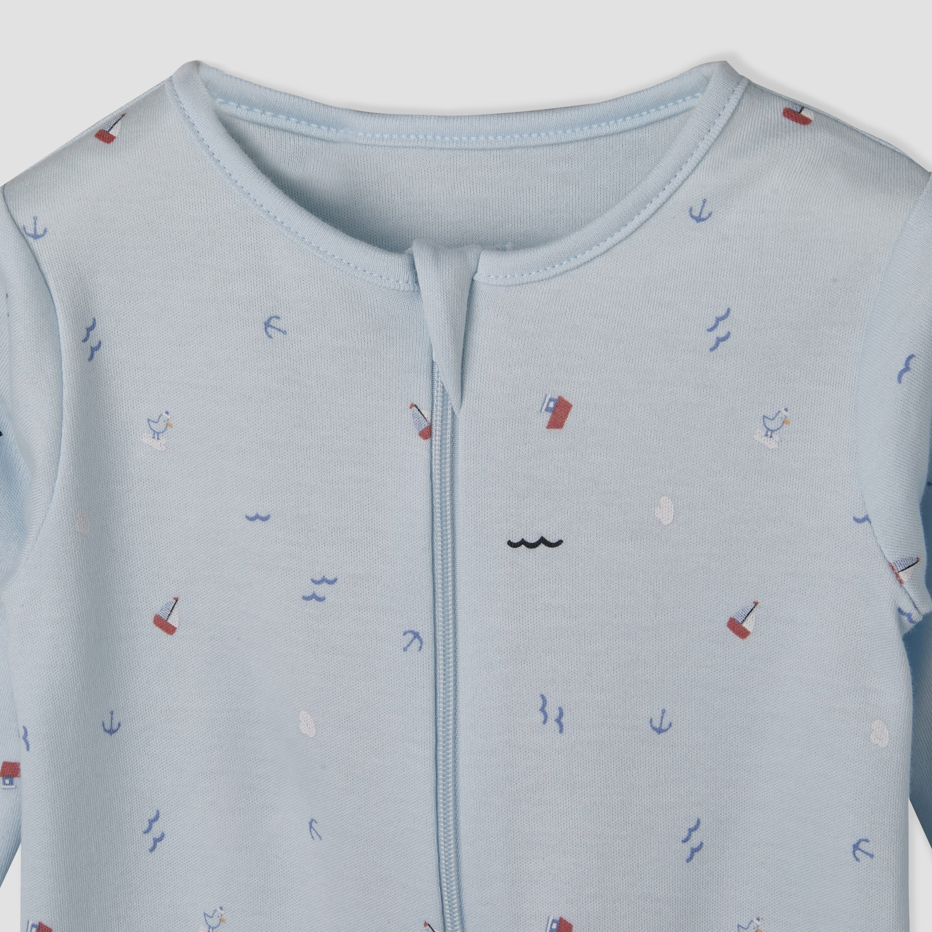 Pack of 3 Juniors Cotton Round Neck Long Sleeves Sleepsuit with Sailboat Print