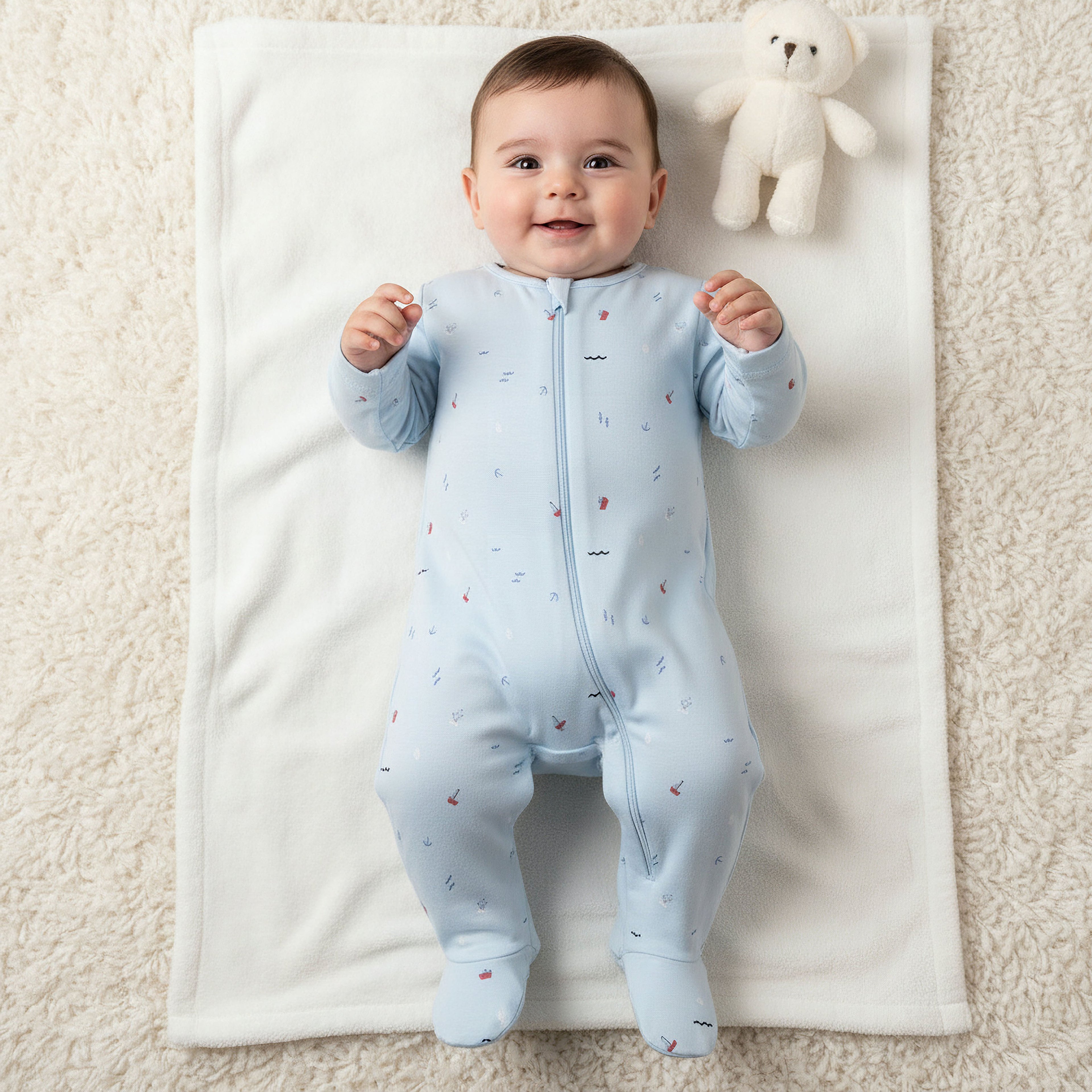 Pack of 3 Juniors Cotton Round Neck Long Sleeves Sleepsuit with Sailboat Print