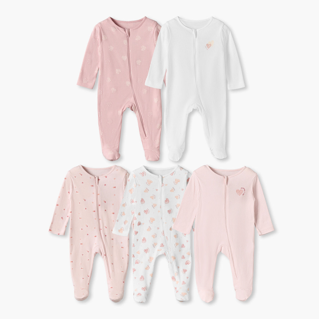 Pack of 5 Juniors Cotton Crew Neck Long Sleeves Sleepsuits with Heart Print