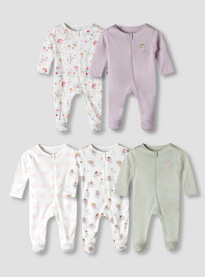 Pack of 5 Juniors Cotton Round Neck Long Sleeve Sleepsuit with Zip Closure-baby-girls-clothing-nightwear-sleepsuits-image-1