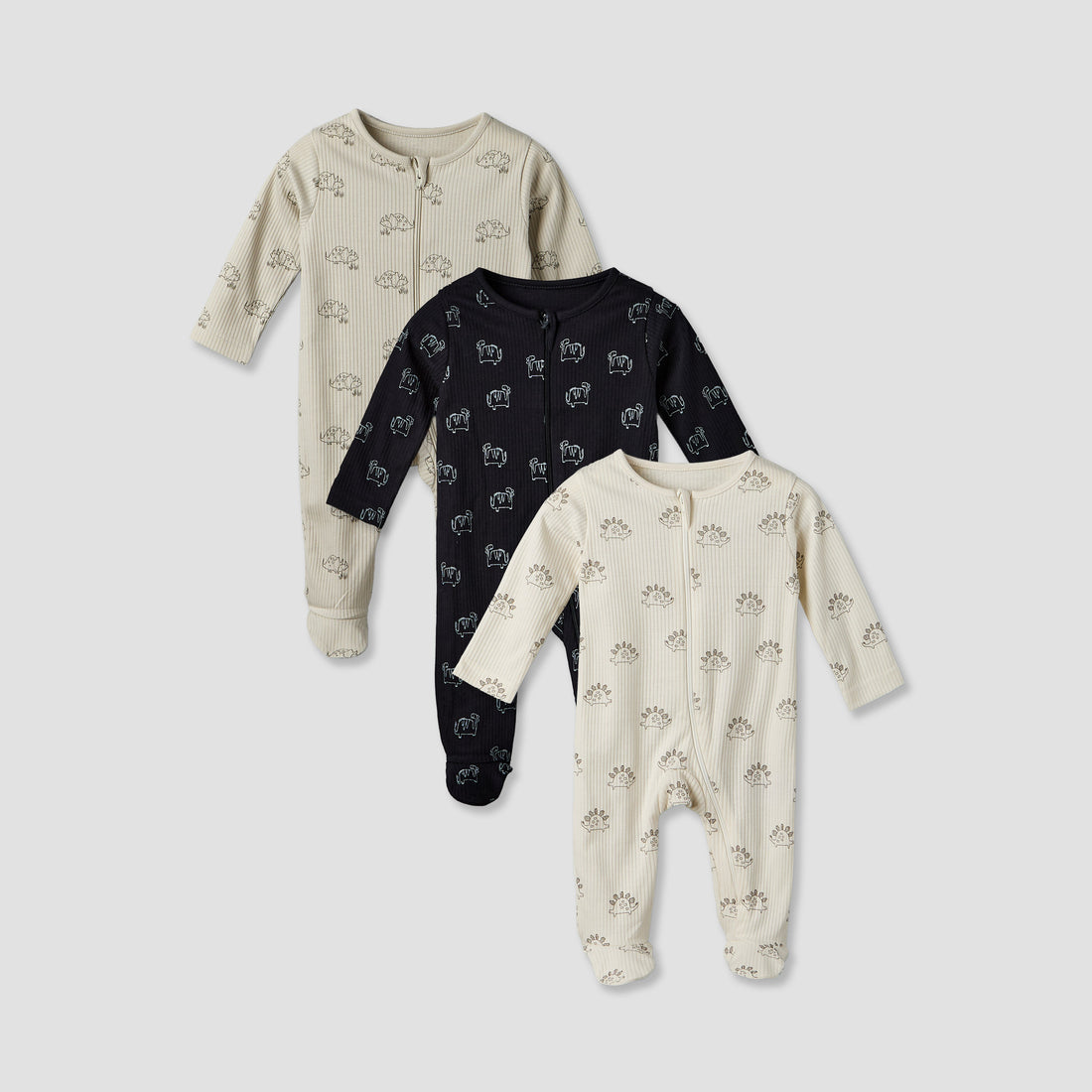 Pack of 3 Juniors Cotton Round Neck Long Sleeves Sleepsuit with Dinosaur Print - Multicolour / 12-18 mths
