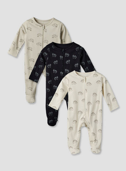 Pack of 3 Juniors Cotton Round Neck Long Sleeves Sleepsuit with Dinosaur Print-baby-boys-clothing-nightwear-sleepsuits-image-1