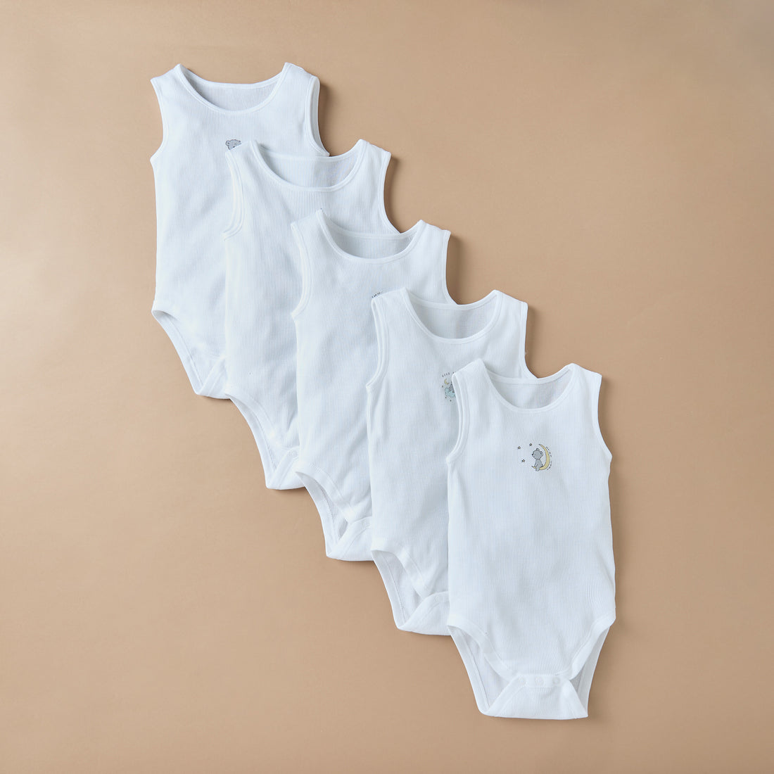 Juniors Bear Print Sleeveless Bodysuit with Snap Button Closure - Set of 5 - White / 12-18 mths