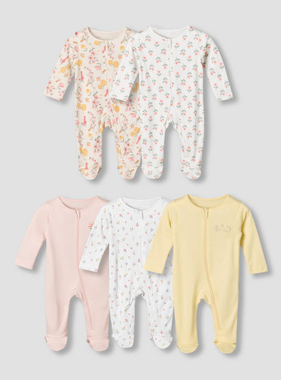 Pack of 5 Juniors Cotton Crew Neck Long Sleeves Sleepsuit with Floral Print-baby-girls-clothing-nightwear-sleepsuits-image-1