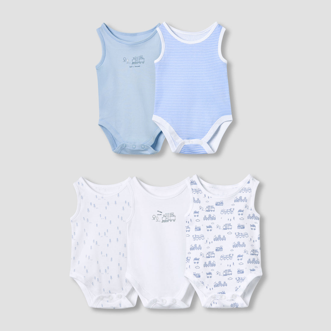 Juniors Printed Sleeveless Bodysuit with Snap Button Closure - Set of 5 - Blue / 12-18 mths