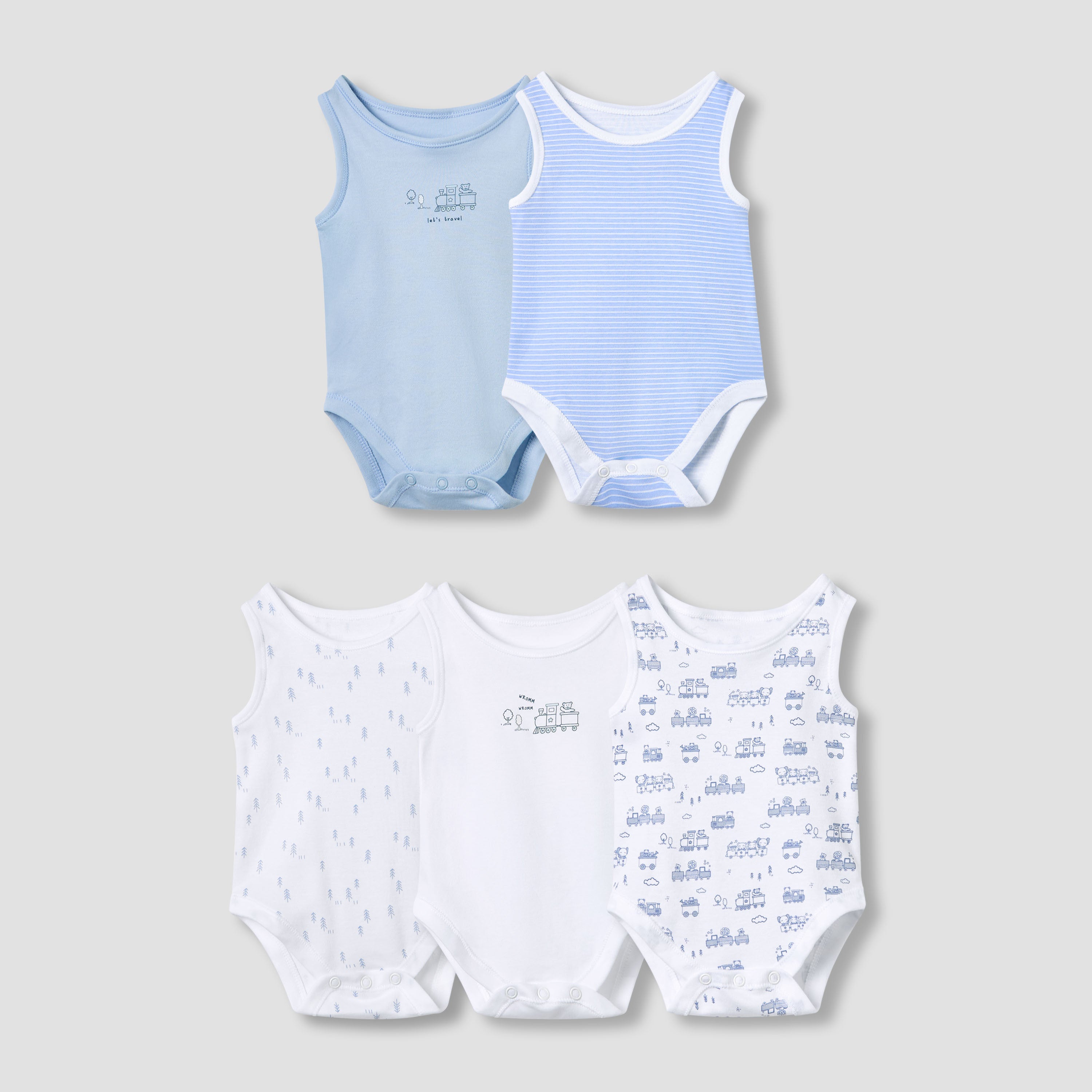 Juniors Printed Sleeveless Bodysuit with Snap Button Closure - Set of 5 - Blue / 12-18 mths