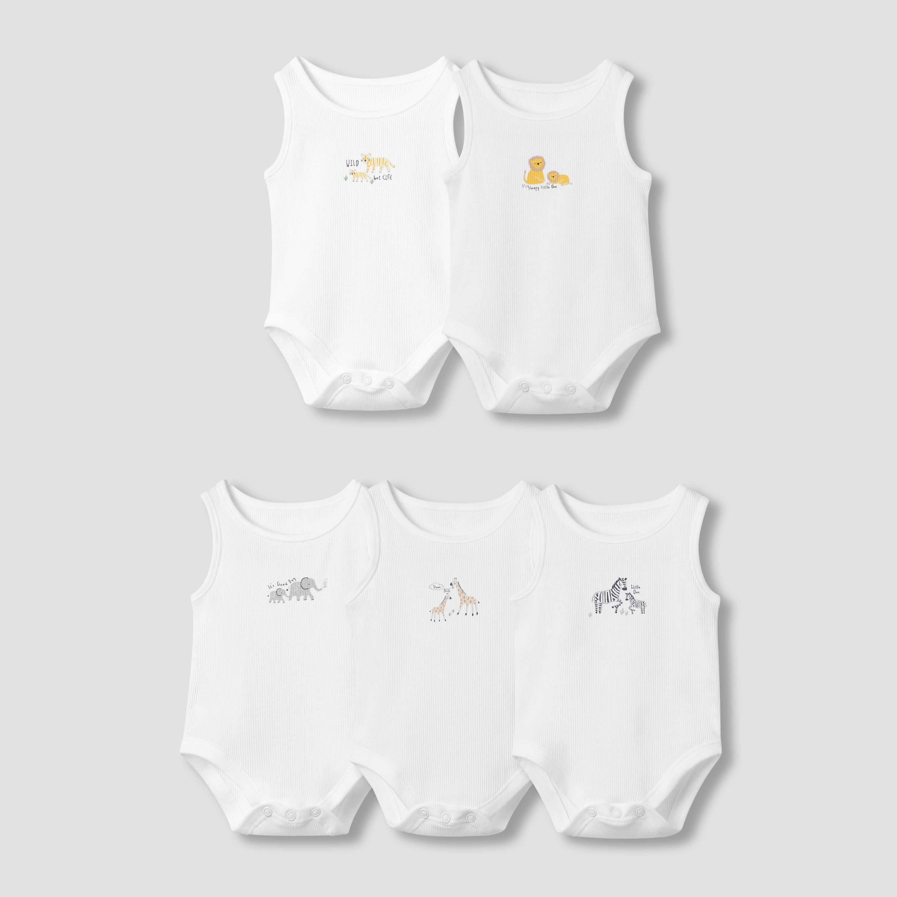 Juniors Round Neck Bodysuit with Snap Button Closure - Cotton - Sleeveless - Set of 5 - White / 12-18 mths