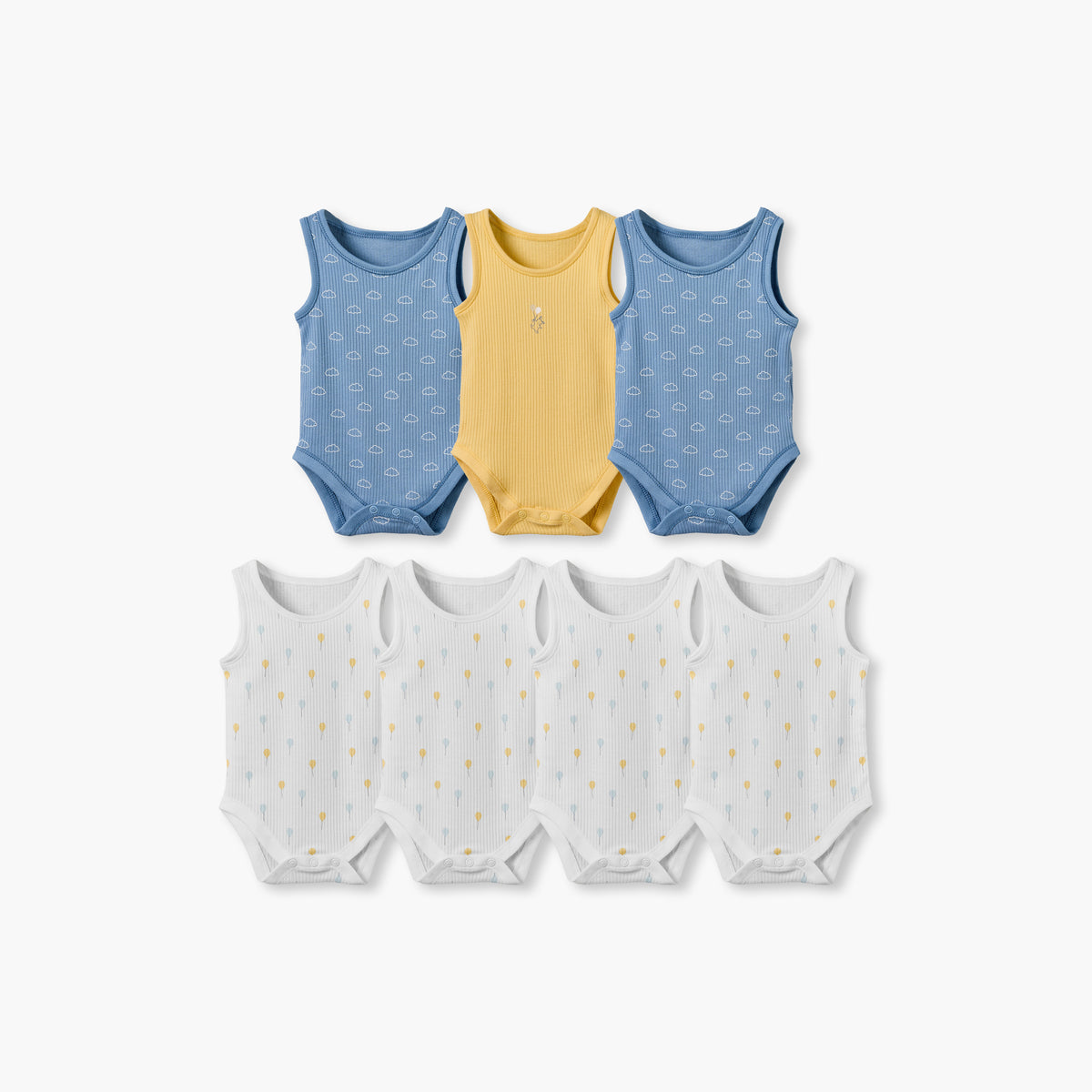Pack of 7 Juniors Round Neck Sleeveless Bodysuit with Snap Button Closure - Blue / 12-18 mths