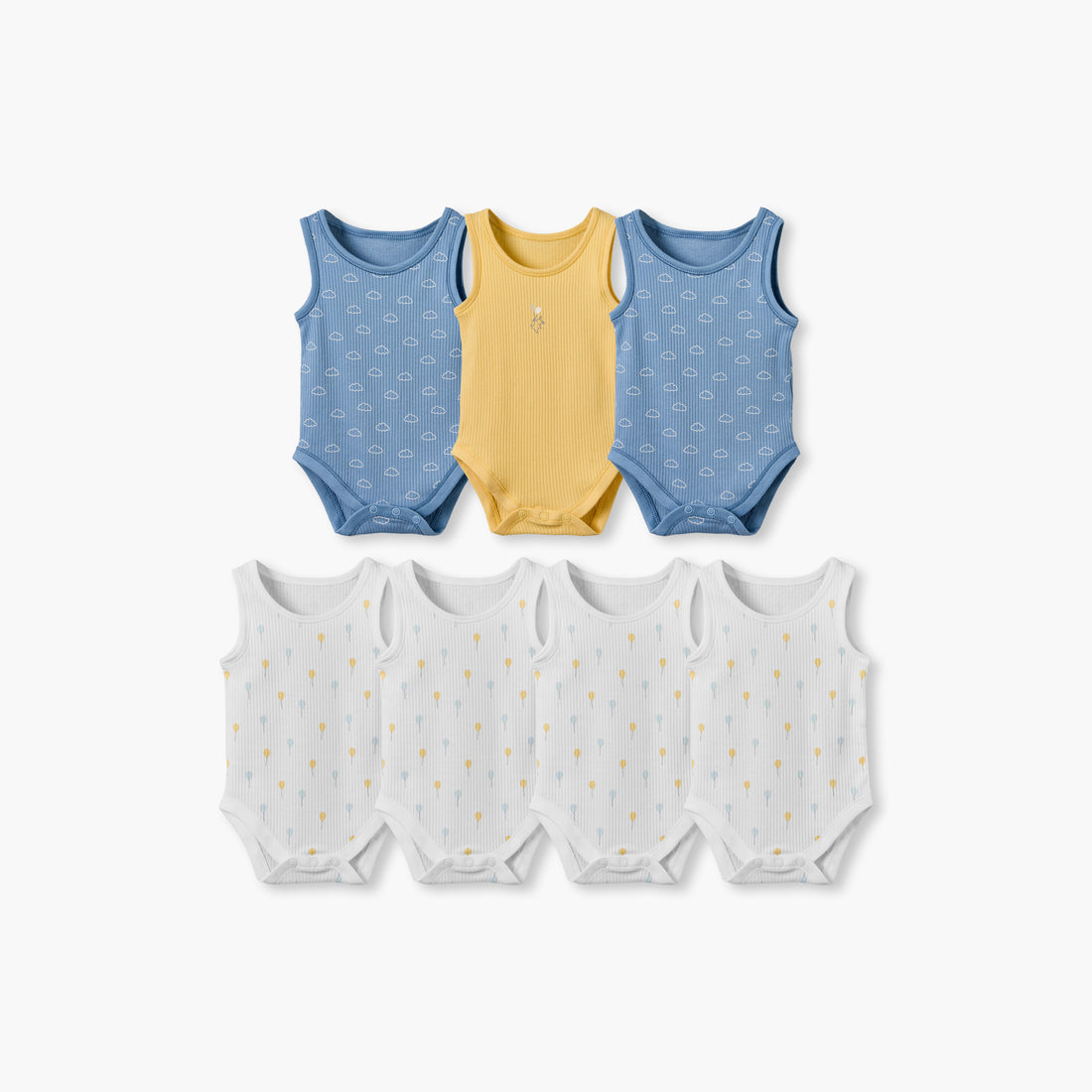 Pack of 7 Juniors Round Neck Sleeveless Bodysuit with Snap Button Closure - Blue / 12-18 mths