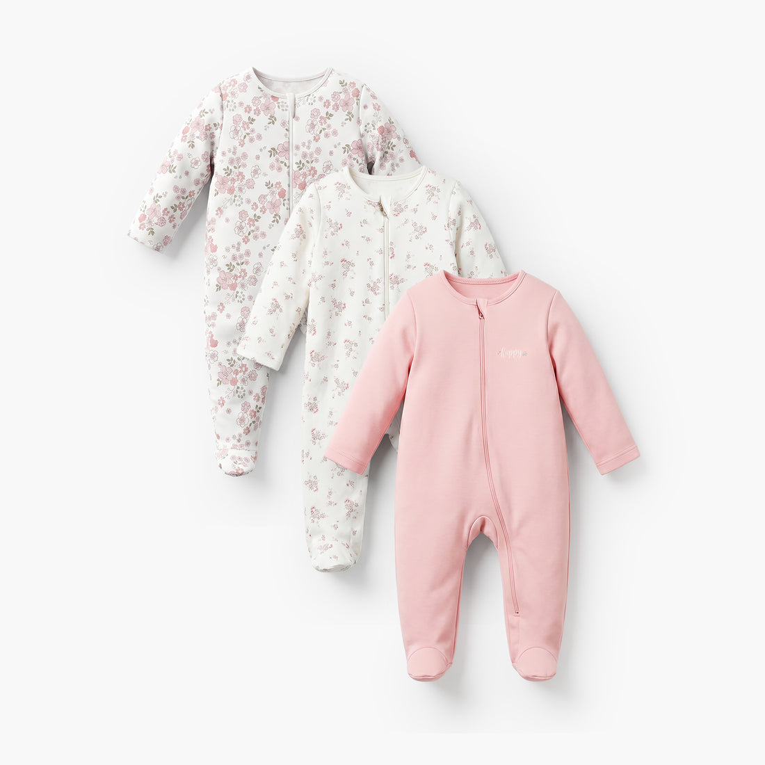 Pack of 3 Juniors Cotton Crew Neck Long Sleeve Sleepsuit with Zip Closure - Pink / 12-18 mths