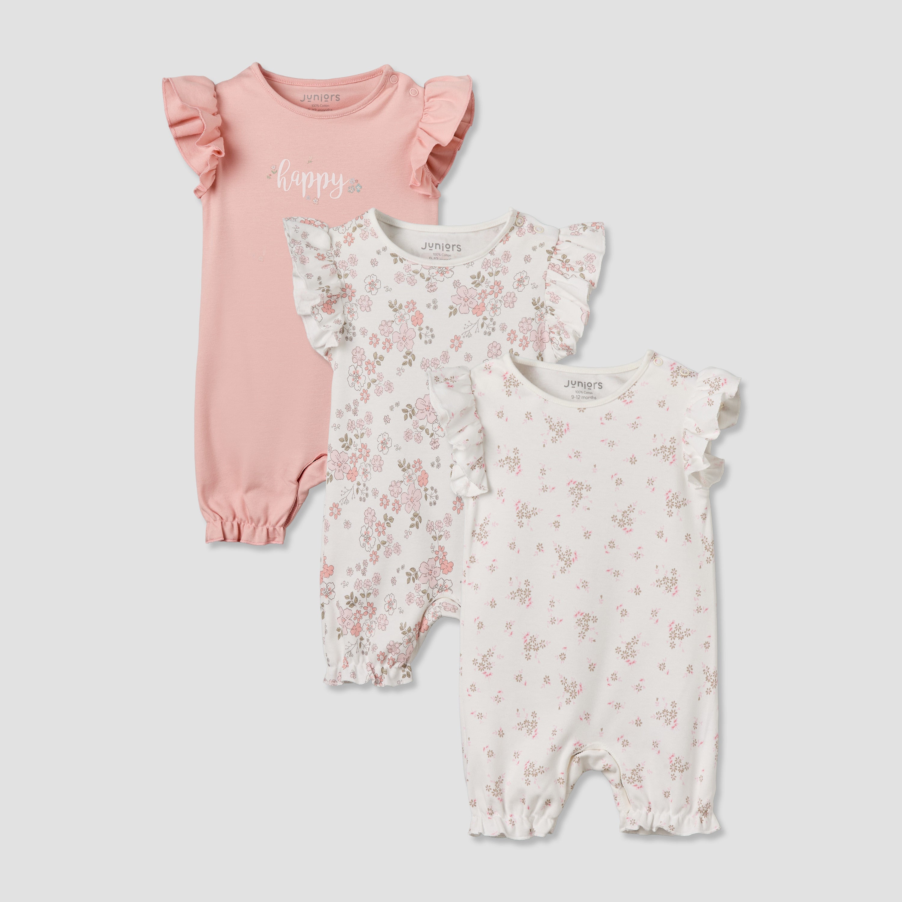 Pack of 3 Juniors Round Neck Short Sleeves Romper with Floral Print - Pink / 12-18 mths