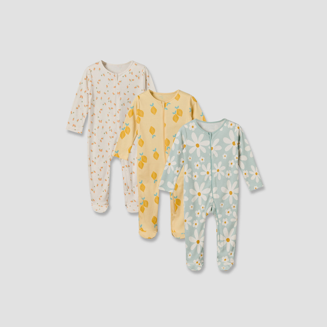 Pack of 3 Juniors Cotton Round Neck Long Sleeves Sleepsuit with Zip Closure - Multicolour / 12-18 mths