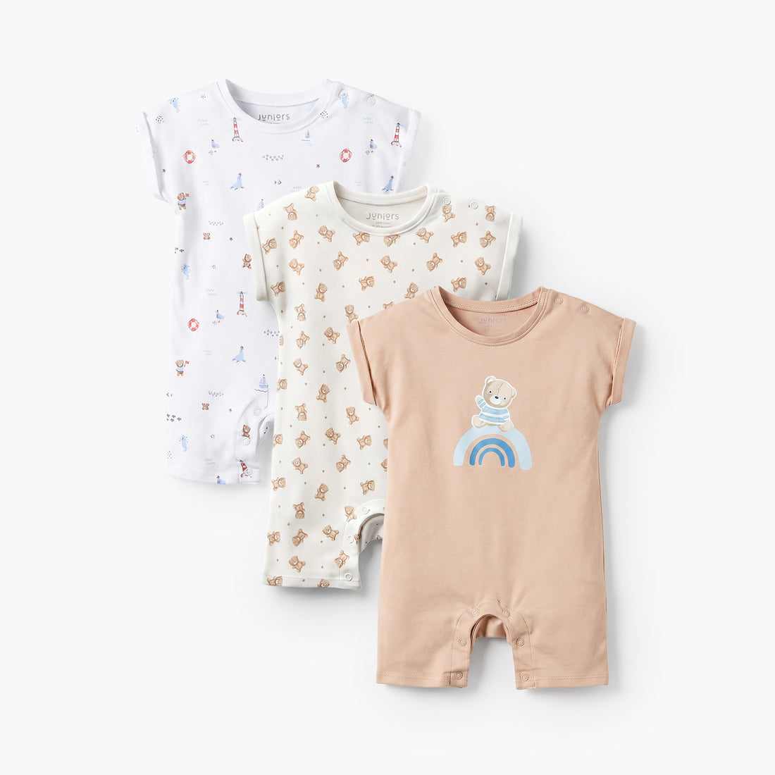 Pack of 3 Crew Neck Short Sleeves Romper with Teddy Bear Print