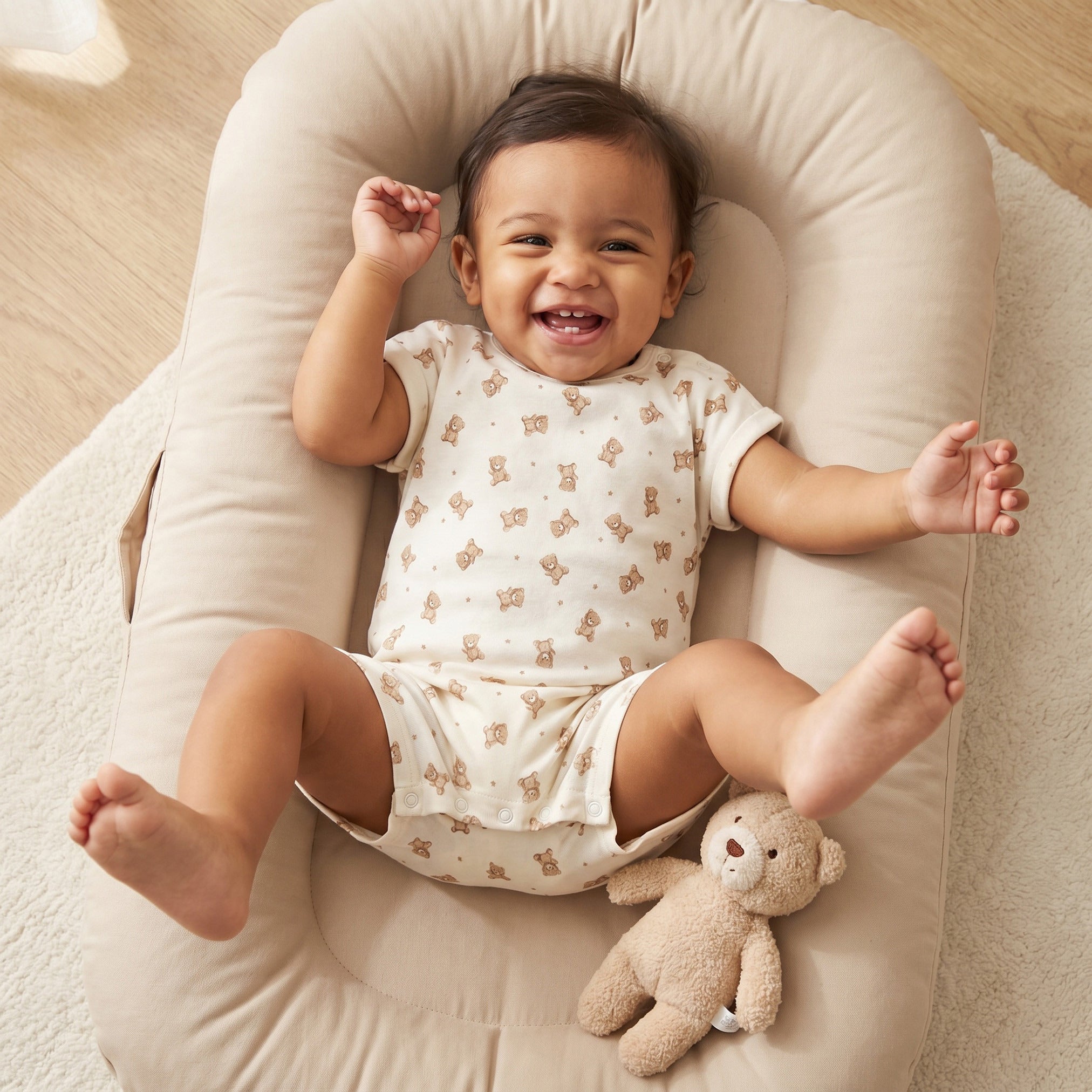 Pack of 3 Crew Neck Short Sleeves Romper with Teddy Bear Print