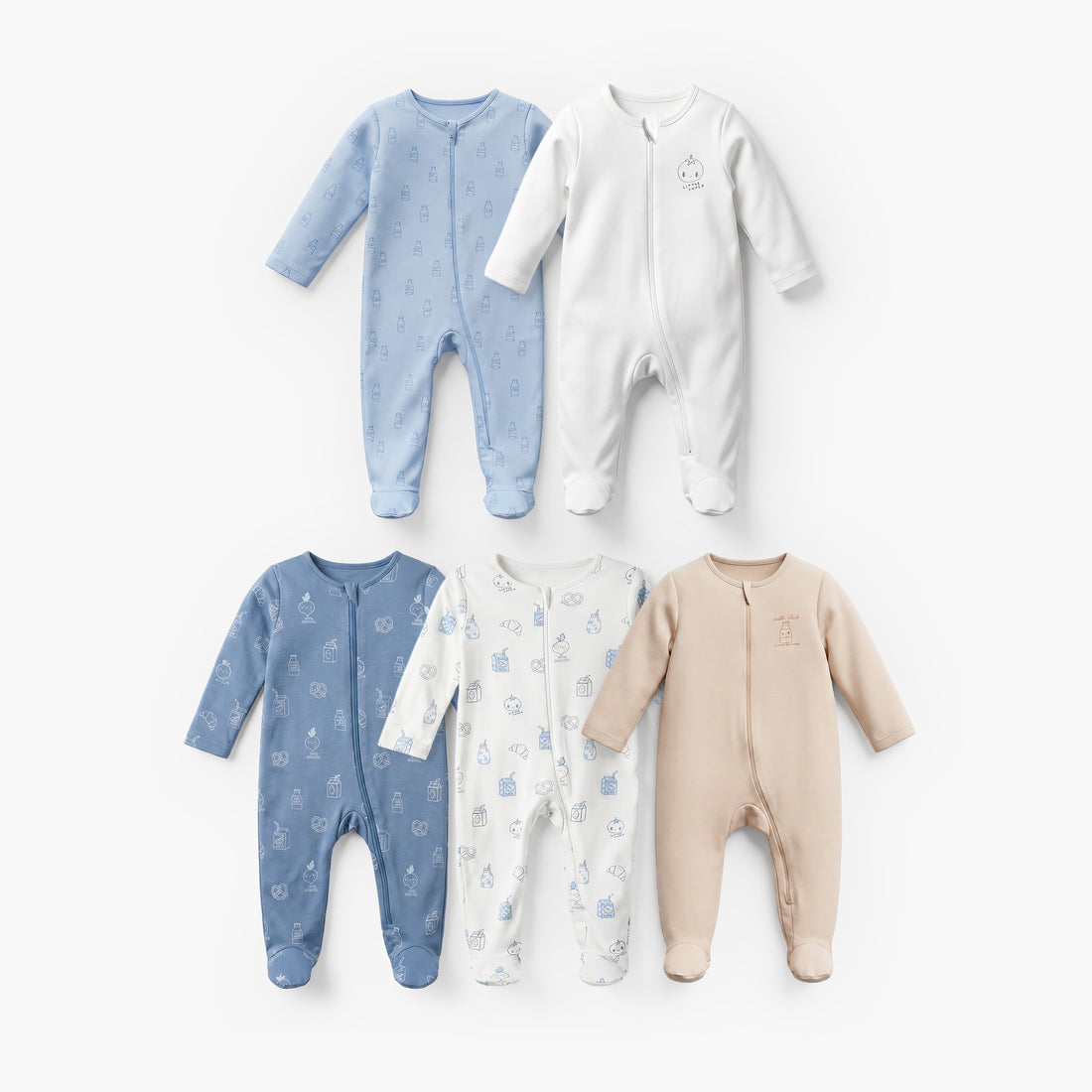 Pack of 5 Juniors Cotton Crew Neck Long Sleeve Sleepsuit with Zip Closure - Multicolour / 12-18 mths