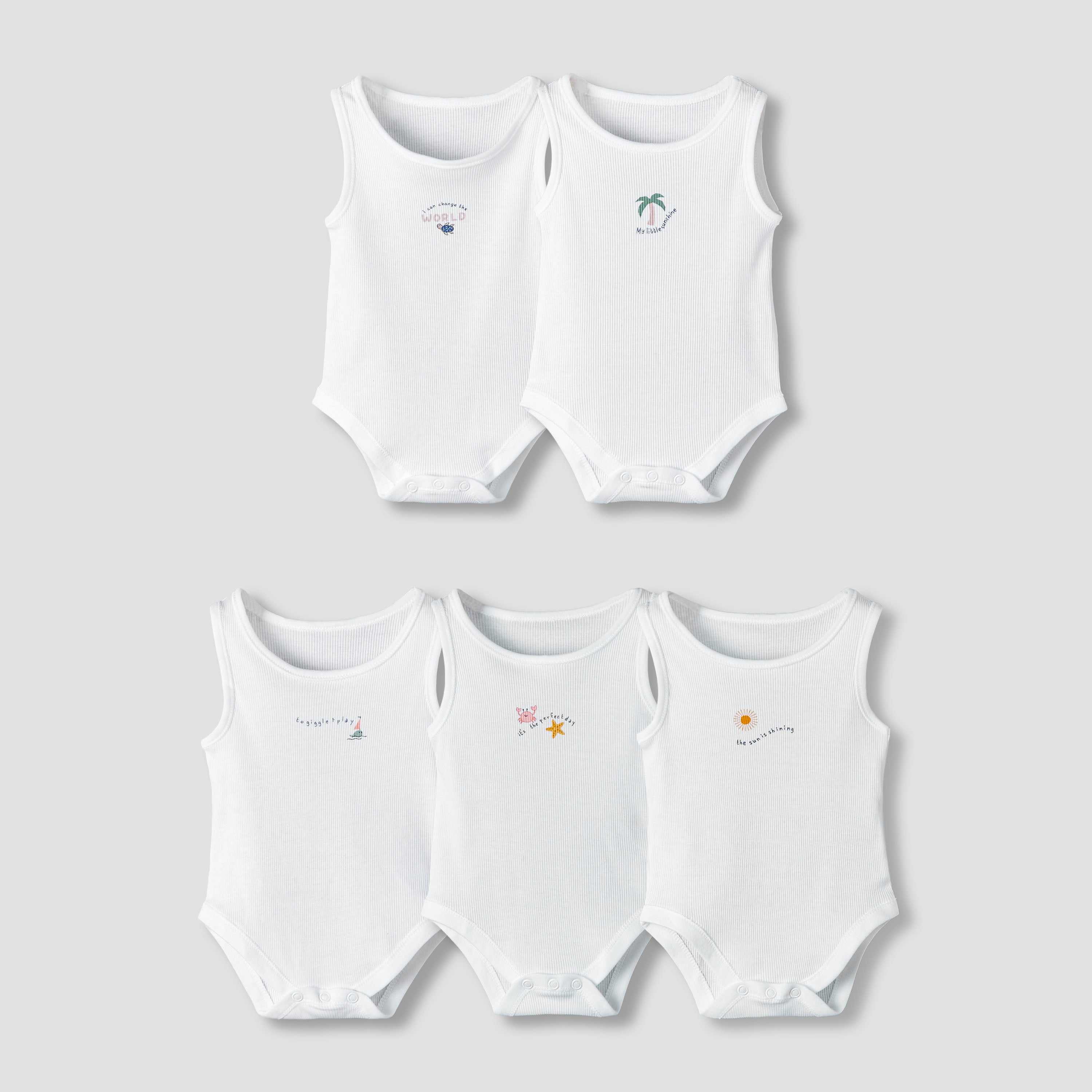 Pack of 5 Juniors Round Neck Sleeveless Bodysuit with Print - White / 12-18 mths