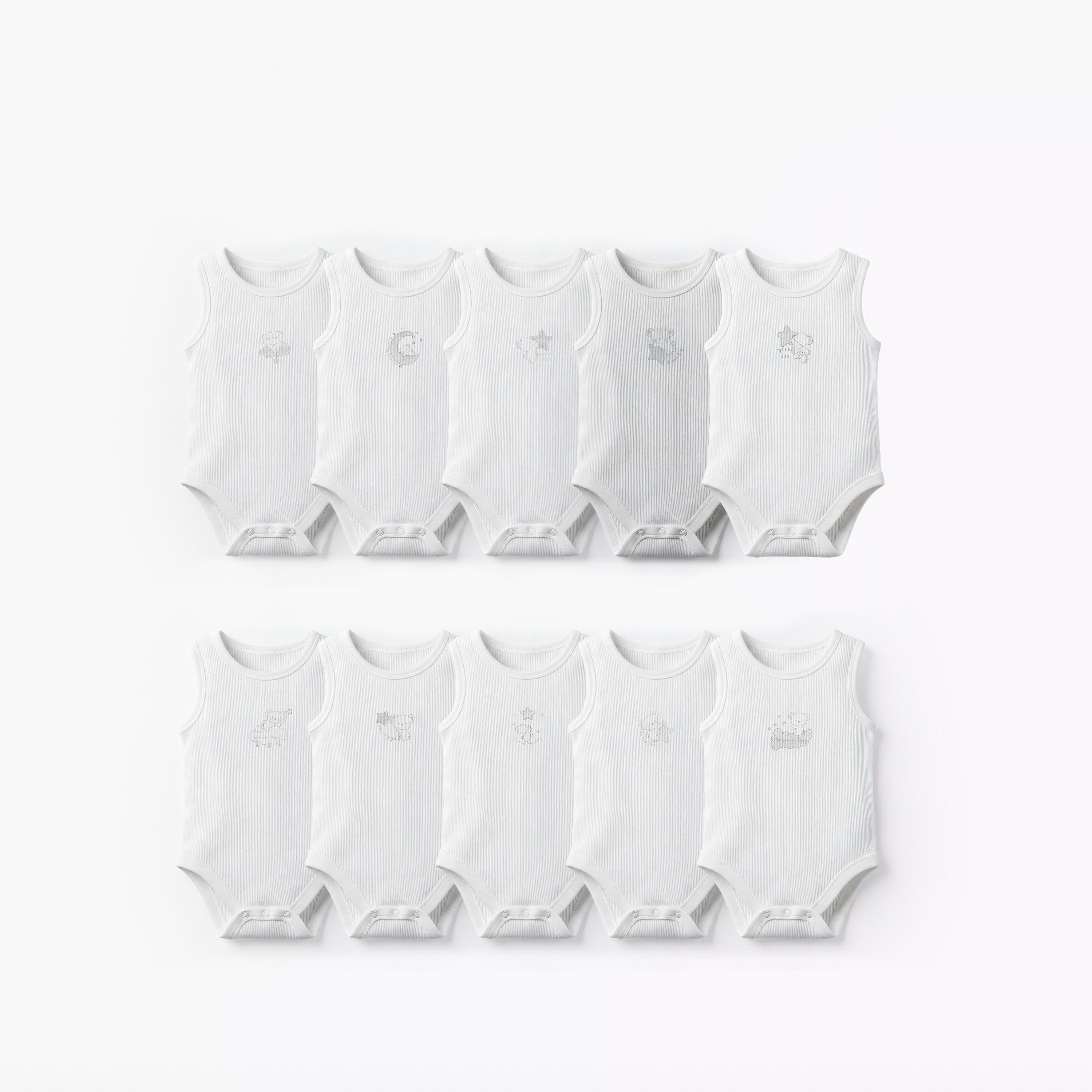 Pack of 10 Juniors Round Neck Sleeveless Bodysuit with Bear Print - White / 12-18 mths