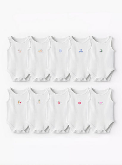 Pack of 10 Juniors Round Neck Sleeveless Bodysuit with Fruits Print-baby-boys-clothing-multipacks-image-1