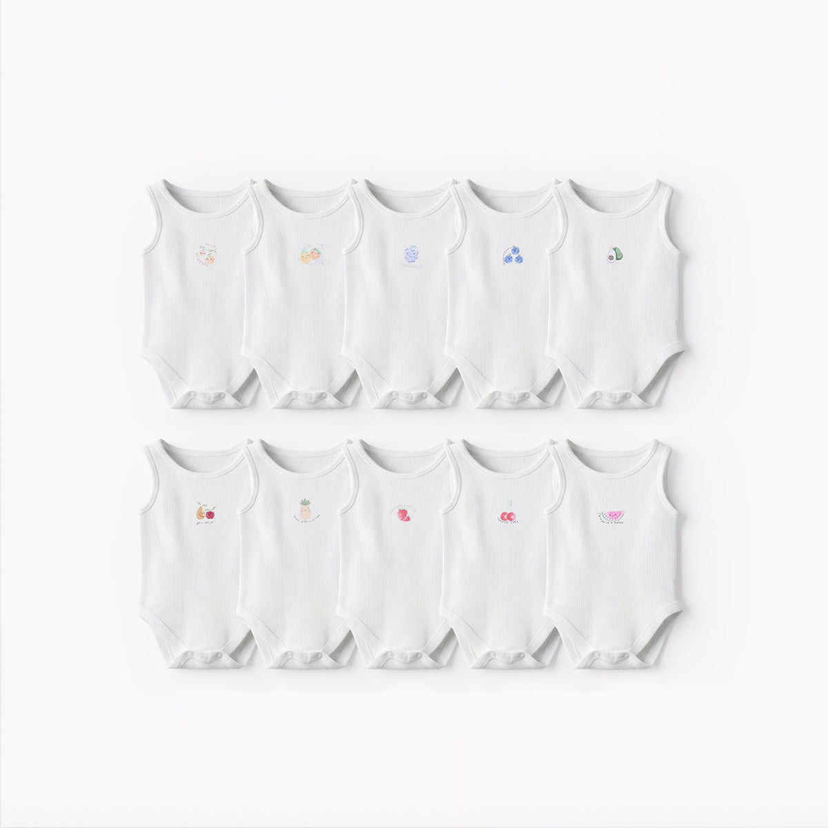 Pack of 10 Juniors Round Neck Sleeveless Bodysuit with Fruits Print