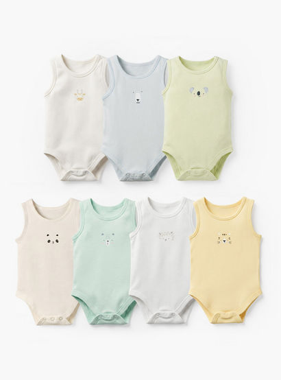 Pack of 7 Juniors Cotton Round Neck Sleeveless Bodysuit with Snap Button Closure-baby-girls-clothing-bodysuits-image-1