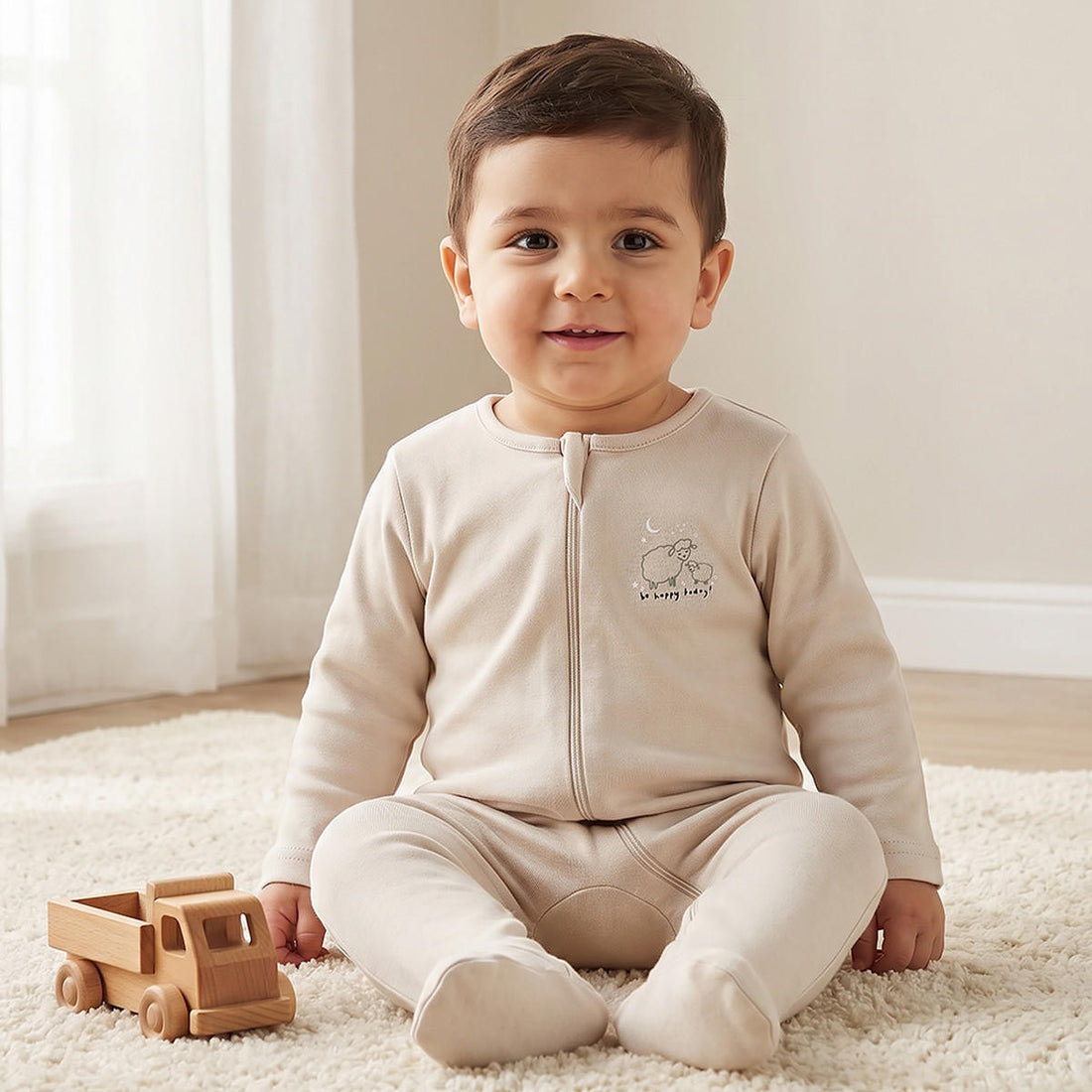 Pack of 7 Juniors Cotton Round Neck Long Sleeves Sleepsuit with Zip Closure