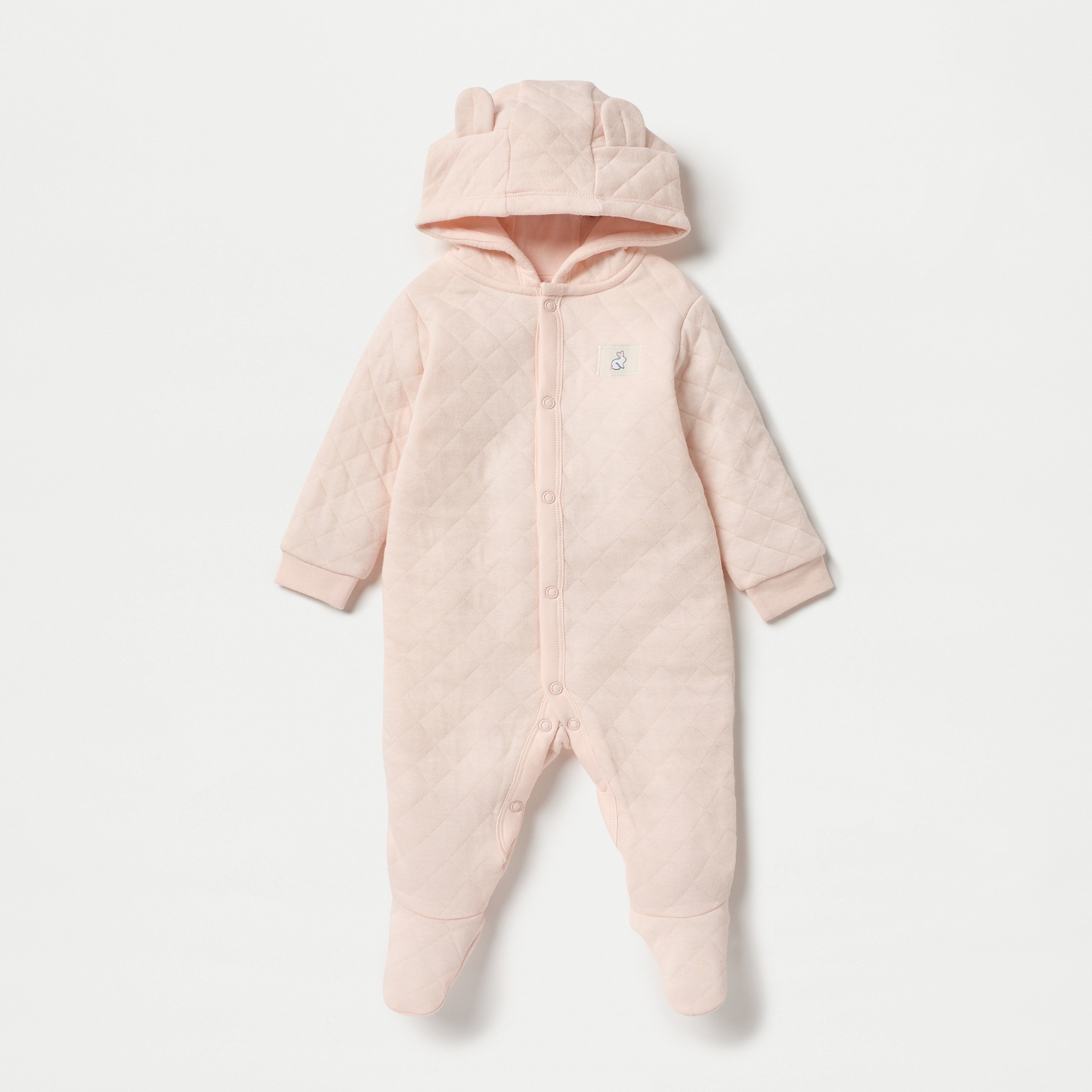 Juniors Quilted Ear Applique Closed Feet Hooded Sleepsuit with Button Closure - Pink / 9-12 mths