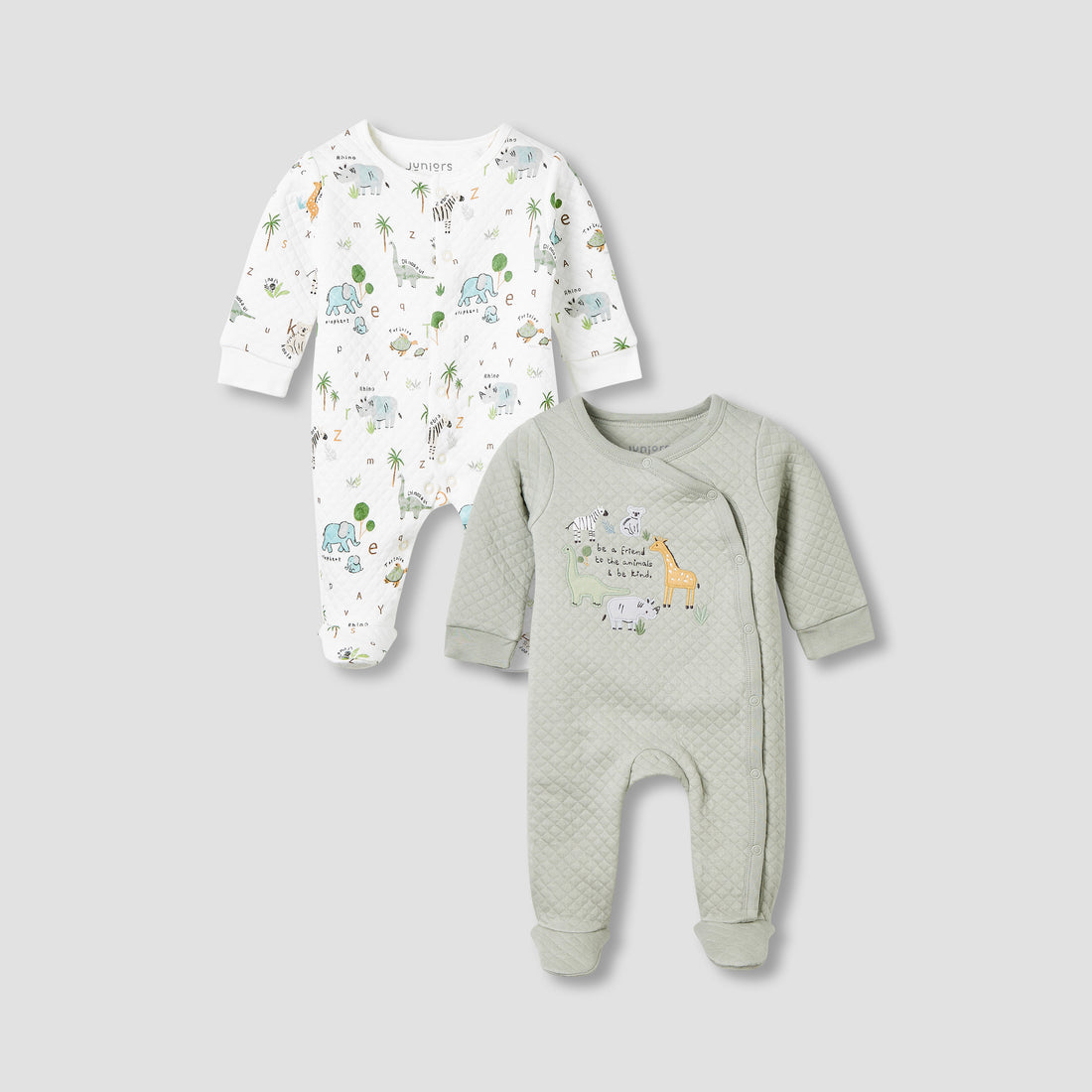 Juniors Round Neck Closed Foot Sleepsuit with Safari Print - Cotton - Long Sleeves - Set of 2 - Green / 9-12 mths