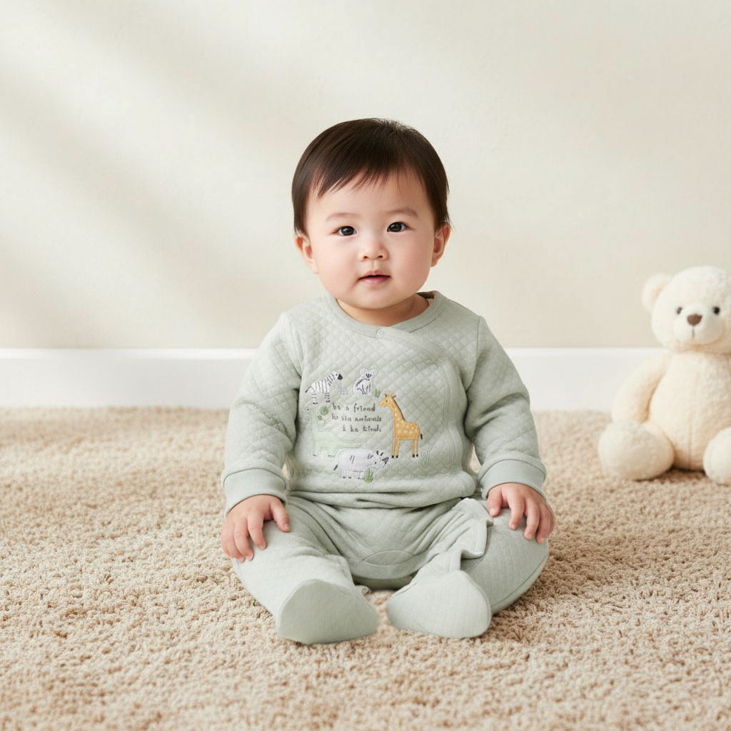 Juniors Round Neck Closed Foot Sleepsuit with Safari Print - Cotton - Long Sleeves - Set of 2