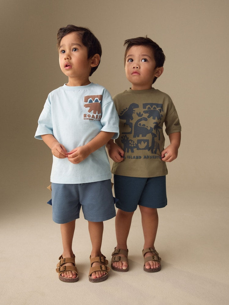 Blue/Brown Dinosaur Spikes Short Sleeve T-Shirt and Shorts Set 2 Pack (3mths-7yrs)