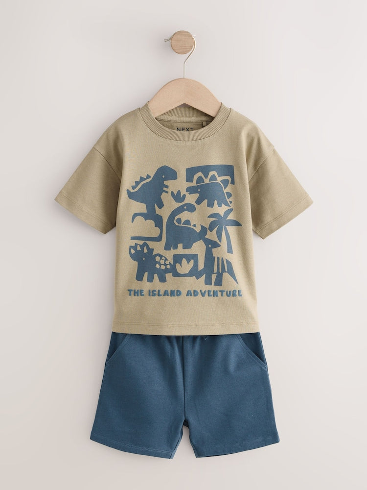 Blue/Brown Dinosaur Spikes Short Sleeve T-Shirt and Shorts Set 2 Pack (3mths-7yrs)