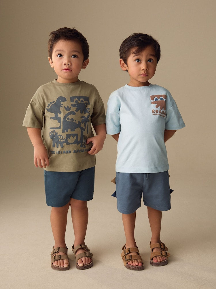 Blue/Brown Dinosaur Spikes Short Sleeve T-Shirt and Shorts Set 2 Pack (3mths-7yrs)