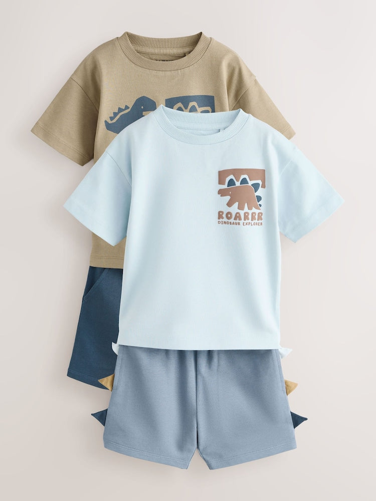 Blue/Brown Dinosaur Spikes Short Sleeve T-Shirt and Shorts Set 2 Pack (3mths-7yrs)