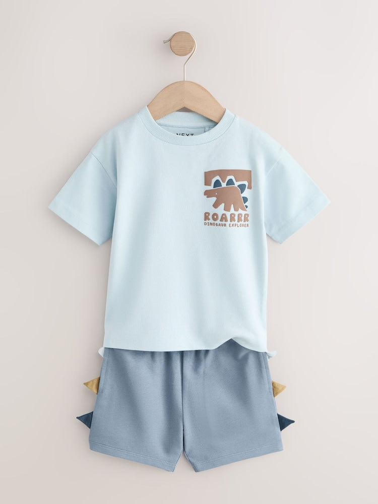 Blue/Brown Dinosaur Spikes Short Sleeve T-Shirt and Shorts Set 2 Pack (3mths-7yrs)