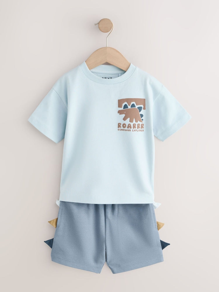Blue/Brown Dinosaur Spikes Short Sleeve T-Shirt and Shorts Set 2 Pack (3mths-7yrs)