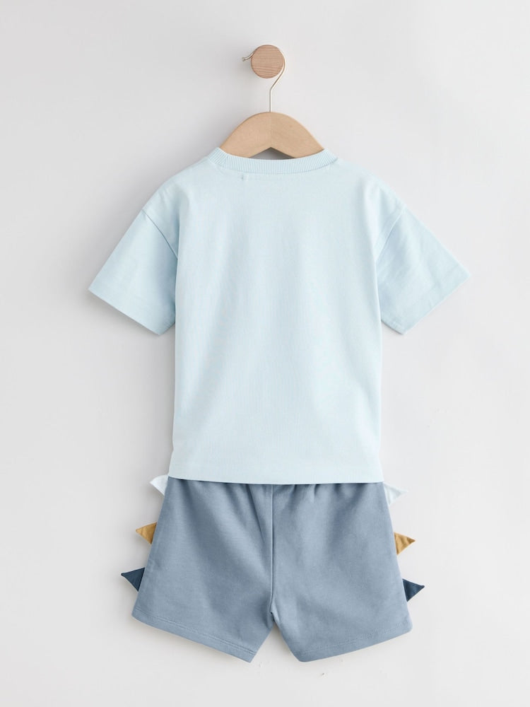 Blue/Brown Dinosaur Spikes Short Sleeve T-Shirt and Shorts Set 2 Pack (3mths-7yrs)