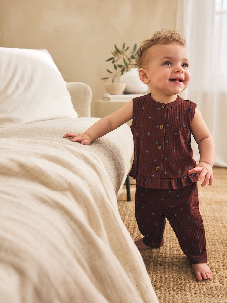 Chocolate Brown And Blue Spot Rib Baby Top And Wide Leg Trousers Set 2 Piece (0mths-2yrs)