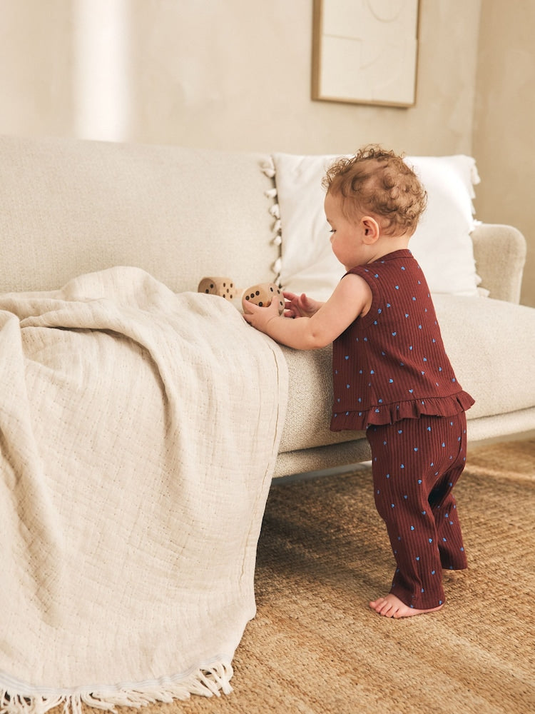 Chocolate Brown And Blue Spot Rib Baby Top And Wide Leg Trousers Set 2 Piece (0mths-2yrs)